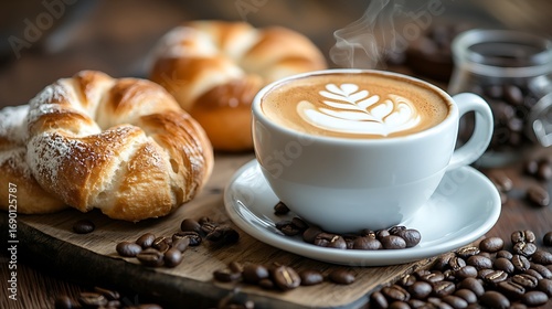 Cappuccino with brioches and coffee beans