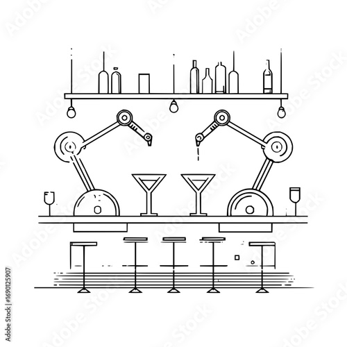 Robot bartender cocktail bar automation service futuristic drink preparation line art vector illustration