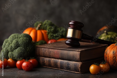 Dark wood gavel resting on old stacked books surrounded by fresh produce still life, concept for food regulations, ethical farming practices and dietary law
