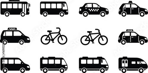 Black transportation icons with buses, taxis, bicycles, vans, city vehicles, public transport, urban mobility, commuter transport, travel, vehicle symbols