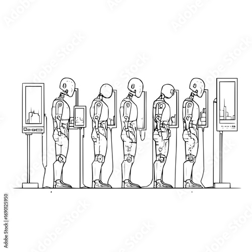 Robot line waiting at interactive kiosk machine for service automation technology concept design vector