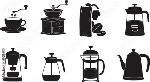 Coffee icon set with grinder, cup, kettle, french press, espresso maker, great for cafe, branding, menu, kitchen design projects