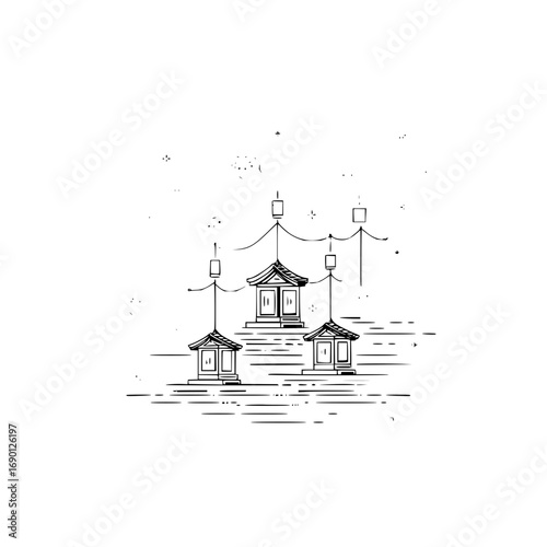 Minimalist japanese lanterns drawing vector design oriental architecture illustration line art style graphic design