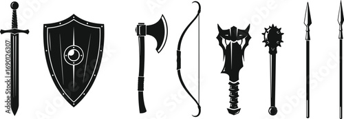 Collection of medieval weapons and armor including sword, shield, axe, bow, mace, spear, illustrated in black silhouette vector style.