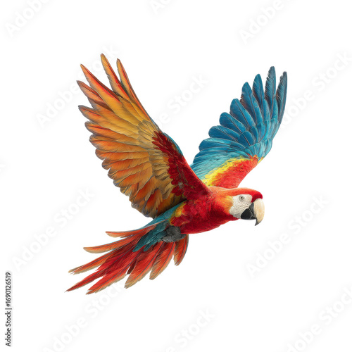 Scarlet Macaw in Flight, Vibrant Tropical Bird with Spread Wings