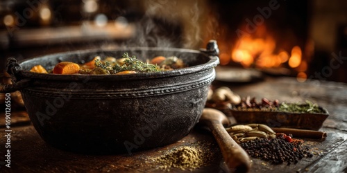 A Warm and Inviting Scene of a Simmering Pot of Stew Surrounded by Fresh Ingredients and a Flickering Hearth in a Cozy Kitchen Setting