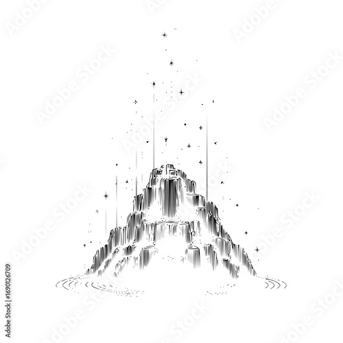 Black and white waterfall illustration with stars and celestial elements line art drawing landscape design 100
