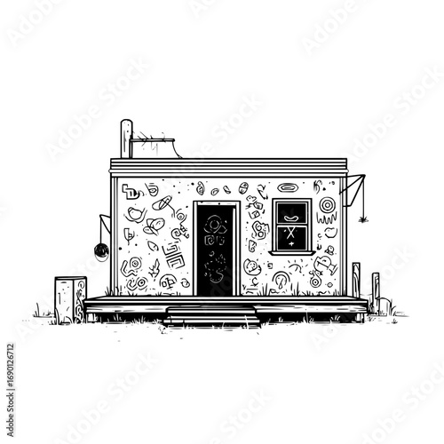 Quirky black and white house illustration with abstract doodle art drawing vector design graphic image