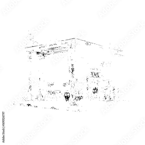 Urban decay building with graffiti art black and white street art grunge texture architecture illustration