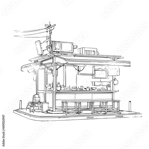 Detailed line drawing of a complex architectural structure with multiple levels and bridge connections
