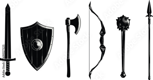 Illustration of medieval weapon set including sword, shield, axe, bow, mace, spear in detailed black and white vector style.