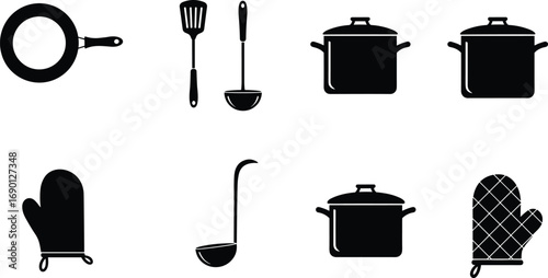 Kitchen utensils icon set with pan, pot, ladle, spatula, oven mitt, perfect for cooking, culinary, food design projects