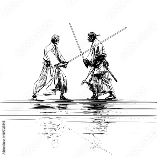Kendo martial arts japanese fencing sword fighting training competition sport duel black and white illustration art