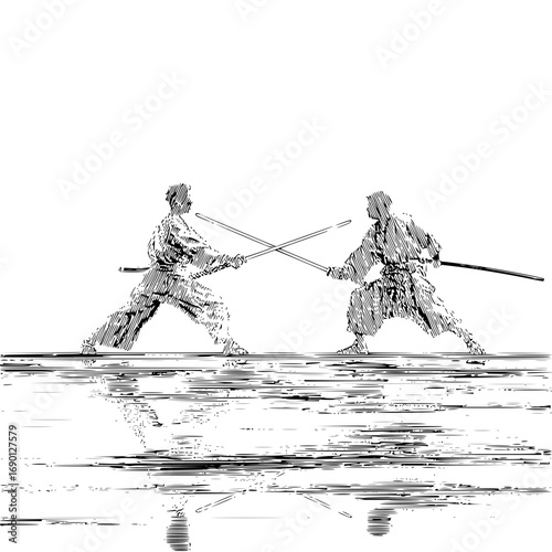 Two kendo martial arts fighters dueling with bamboo swords in traditional japanese combat training style art
