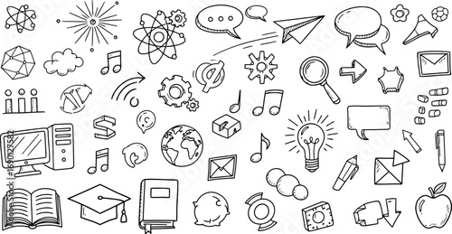 Vector vector art of collection of handdrawn icons representing education, science, communication, and ideas, transparent background