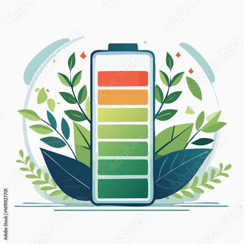 Battery Charging with Green Leaves Illustration