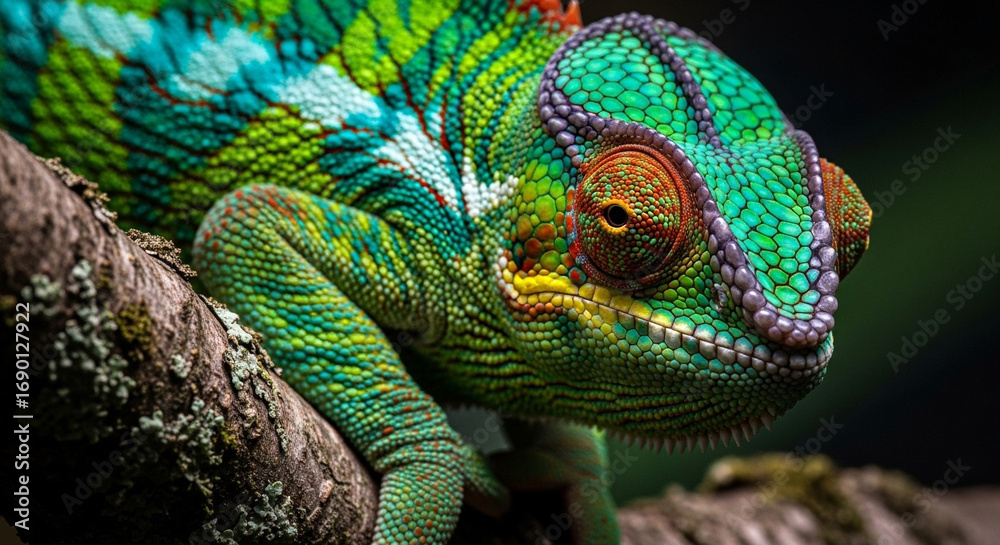 Obraz premium A vibrant chameleon perched on a branch showcasing its intricate skin patterns and textured details