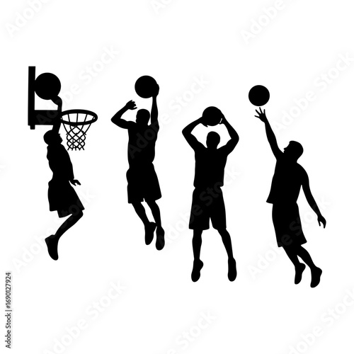 Silhouettes of basketball players in action shooting and dunking the ball into the hoop on white background