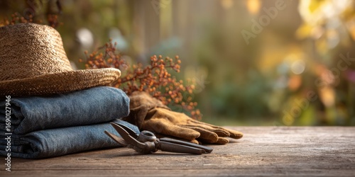 A Rustic Garden Scene Featuring Gardening Tools, Denim Fabric, Gloves, and a Straw Hat, Capturing the Essence of Outdoor Work and Nature