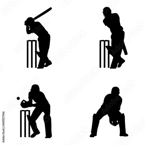 Silhouette depictions of cricket players in various actions on a white background design image art