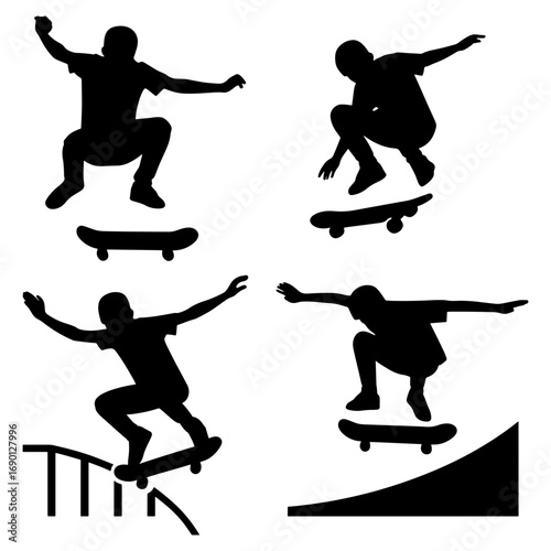 Silhouette illustration depicting four skateboarders performing various tricks on skateboards and ramps