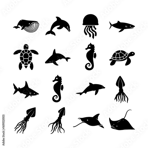 Collection of various sea animals in black silhouette including whale dolphin jellyfish and more ocean life