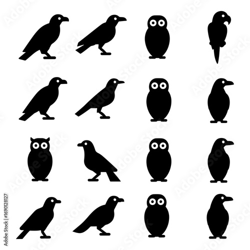 Collection of sixteen black silhouette birds including crows owls parrots and penguins in a grid pattern