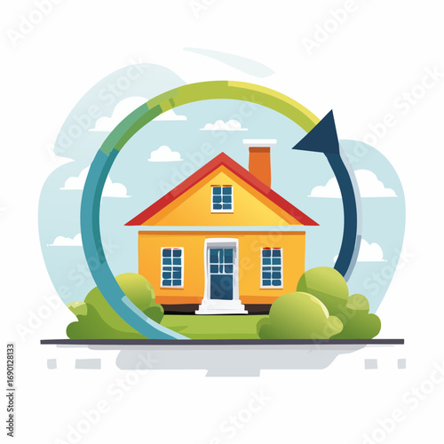 Colorful House with Rotating Circle Representing Home Improvement