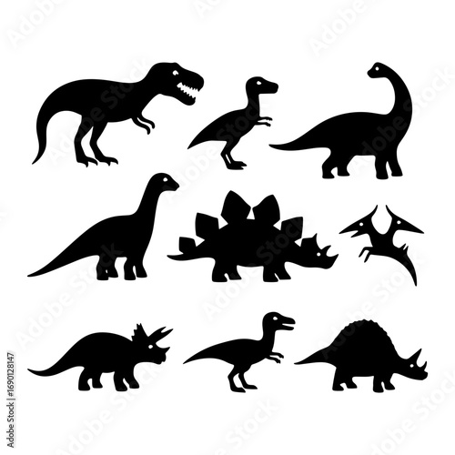 Silhouette illustration of various dinosaur species including triceratops and tyrannosaurus rex shapes isolated