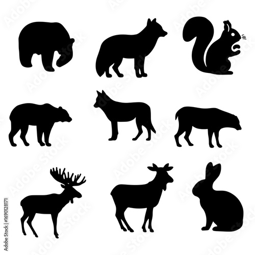 Collection of nine different animal silhouettes including a bear fox squirrel moose deer and rabbit artfully shown