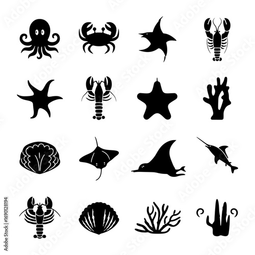 Collection of sixteen marine life icons including octopus crab starfish lobster and coral in black silhouette