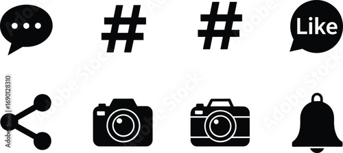 Social media icons set including chat bubble, hashtag symbols, like button, share icon, camera, vintage camera, notification bell, digital communication