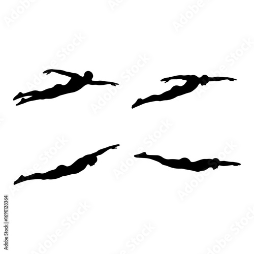 Four silhouettes of swimmers in different positions against a white background in a vector graphic