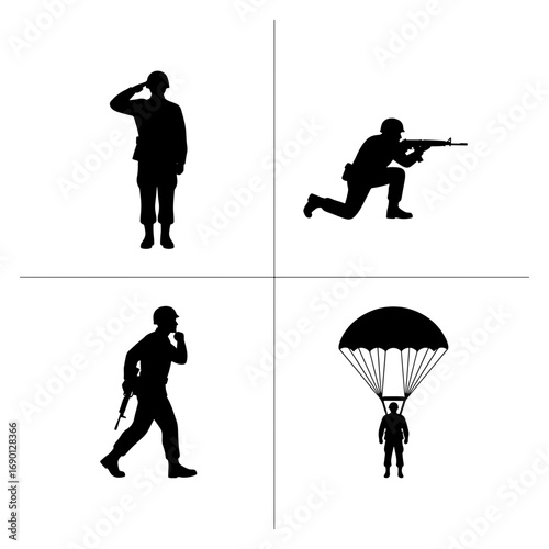Silhouette illustration showing soldiers in various poses like saluting aiming running and parachuting