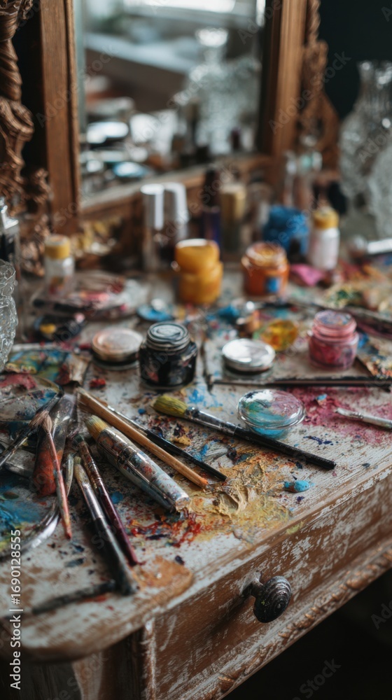 Fototapeta premium A Vibrant Artist's Workspace Filled with Colorful Paints, Brushes, and Creative Chaos Awaiting Inspiration and Artistic Expression