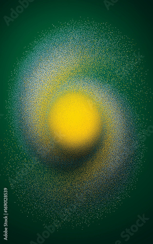 Celestial Embrace
A vibrant yellow sphere, glowing with a textured, pointillist-like surface, is the focal point of this cosmic artwork. Two large, speckled, grey shapes