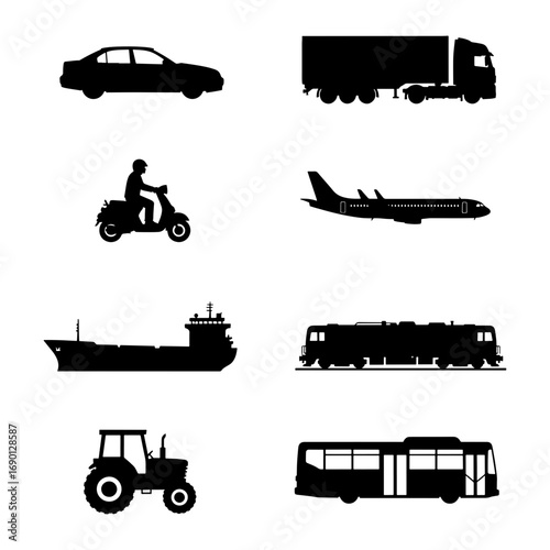 Silhouette depictions of various modes of transportation including land air and sea vehicles shown together