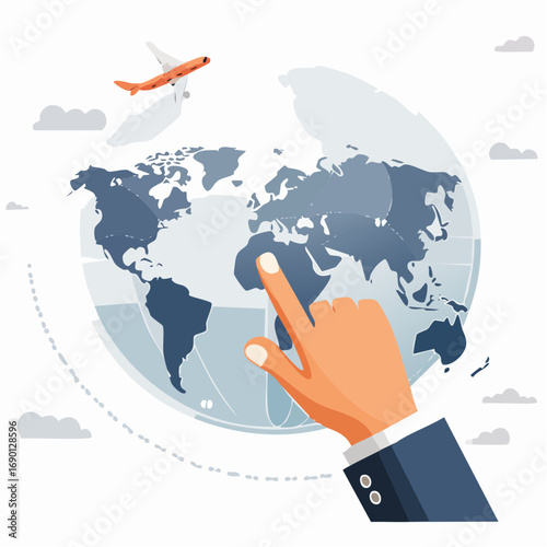 Hand Pointing At Globe With Airplane