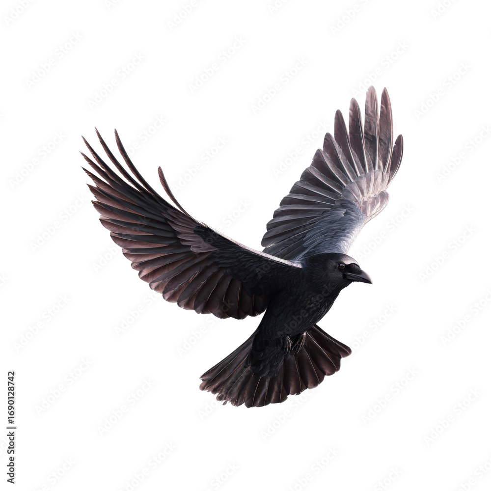 Fototapeta premium Majestic Raven in Flight Dark Bird Soaring Against Black Background