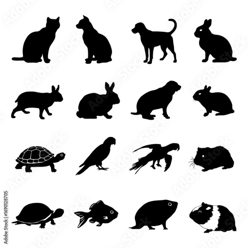 Silhouette collection of various animals including cats dogs rabbits birds and aquatic creatures in black
