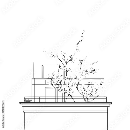 Architectural drawing of modern building with rooftop garden black and white line art design illustration vector