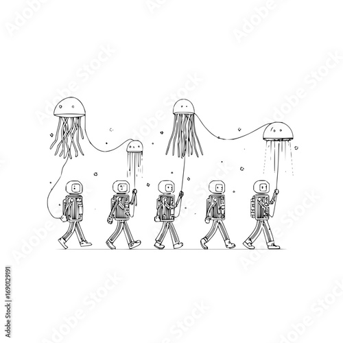 Astronauts walking with jellyfish balloons surreal art illustration black and white line art drawing style
