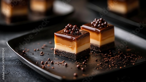 Caramel petit four on a plates in dark background