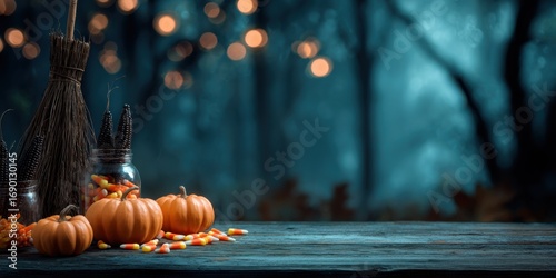 An Enchanting Autumn Scene Featuring Pumpkins, Candy Corn, and a Broomstick Surrounded by Soft Bokeh Lights in a Mysterious Forest Setting