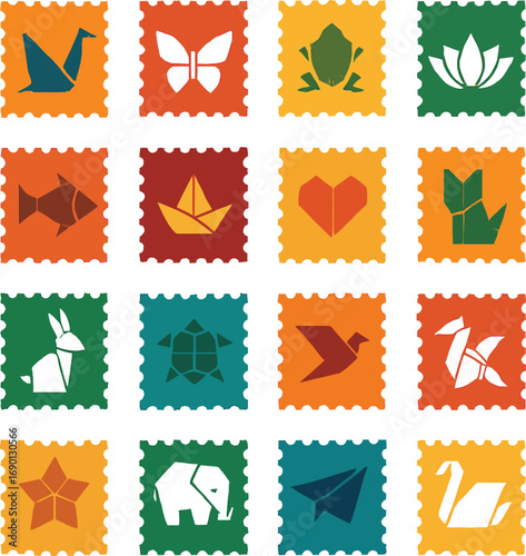 Origami Postage Stamps Icon Set – Flat Solid Color Vector Illustrations