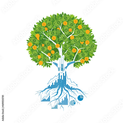 A clean vector illustration for financial projects. a money tree with roots shaped as an economic chart perfectly represents growth in savings and wealth accumulation.