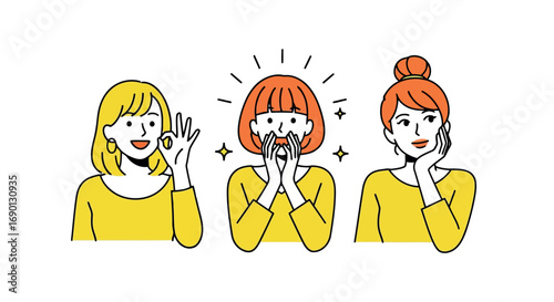 Vector vector art of three women showing different emotions and gestures, transparent background