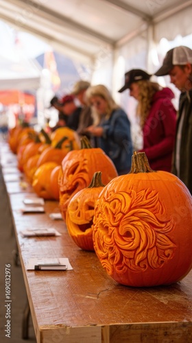 Intricately Carved Pumpkins Displayed at a Festive Event, Showcasing the Artistry and Creativity of Pumpkin Carving in a Vibrant Atmosphere