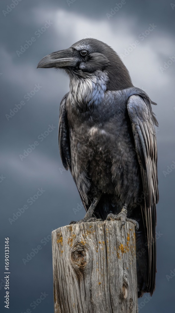 Fototapeta premium Majestic Raven Perched on Weathered Wood Under Dramatic Sky, Exuding Mystery and Intelligence in Nature's Playground