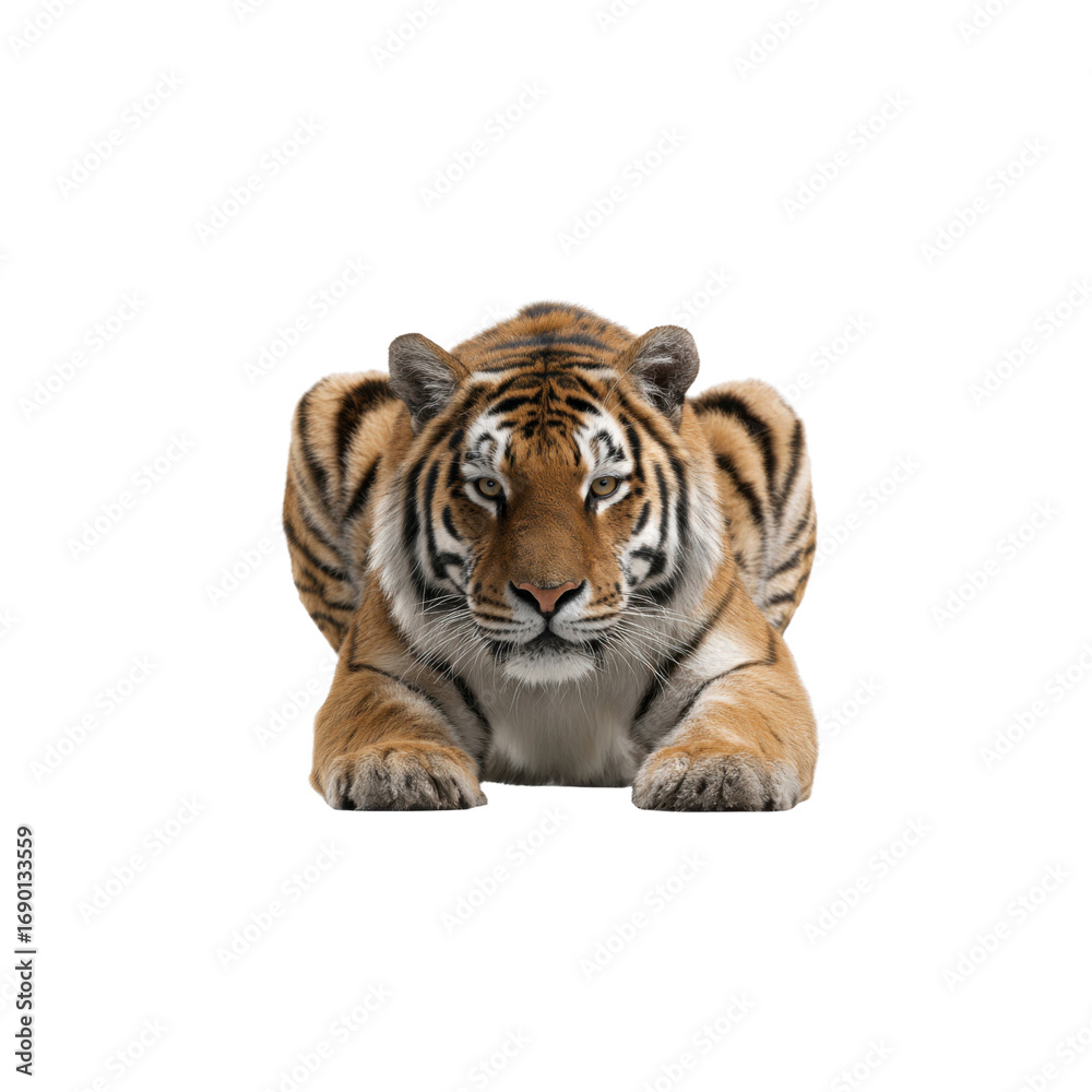 Fototapeta premium Majestic Siberian Tiger Lying Down, Intense Gaze, Isolated on Black Background
